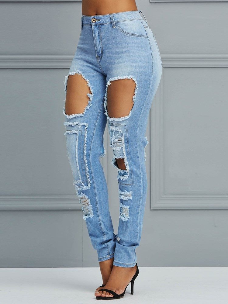 Pantalon Crayon Taille Haute Trou Jeans Femme