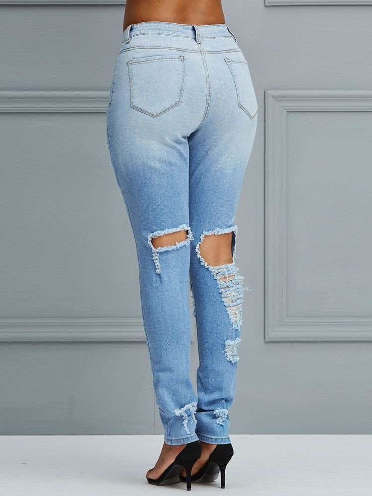 Pantalon Crayon Taille Haute Trou Jeans Femme