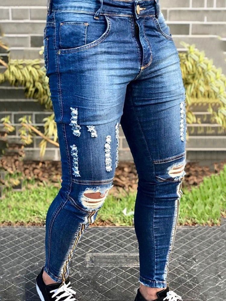 Pantalon Crayon Trou Pour Hommes Jeans À Fermeture Éclair À Taille Moyenne