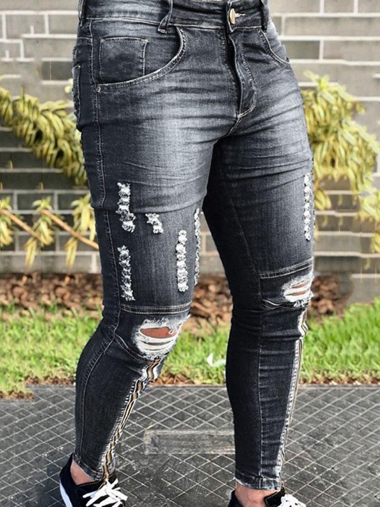 Pantalon Crayon Trou Pour Hommes Jeans À Fermeture Éclair À Taille Moyenne