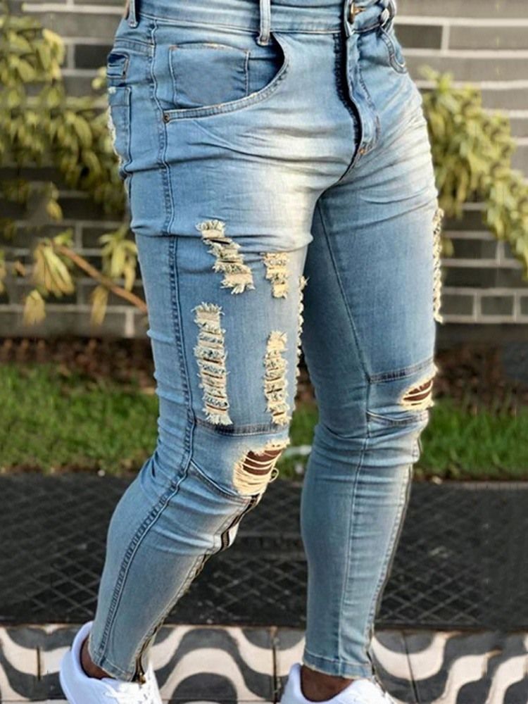 Pantalon Crayon Trou Pour Hommes Jeans À Fermeture Éclair À Taille Moyenne