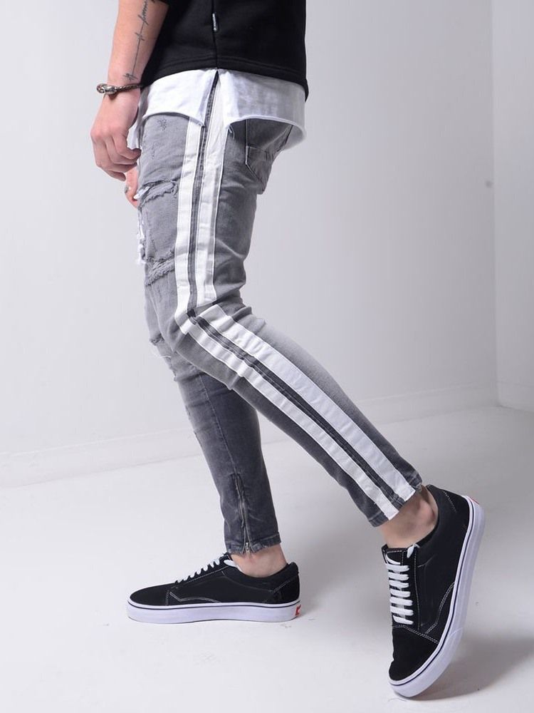 Pantalon Crayon Trou Pour Hommes Jeans De Sport À Fermeture Éclair