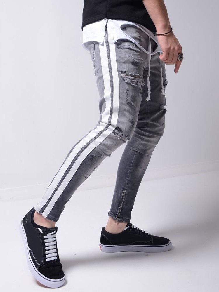 Pantalon Crayon Trou Pour Hommes Jeans De Sport À Fermeture Éclair