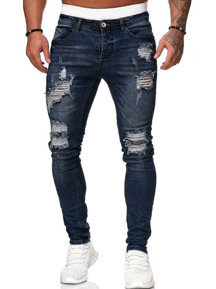 Pantalon Crayon Trou Taille Moyenne Fermeture Éclair Jeans Pour Hommes