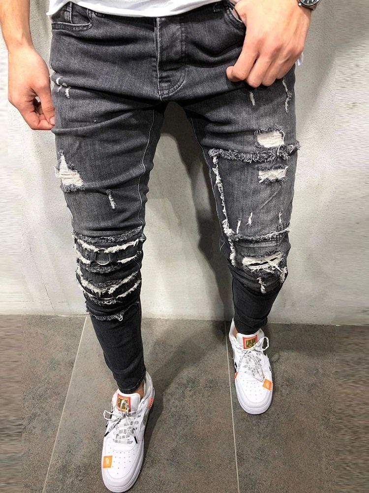 Pantalon Crayon Trou Taille Moyenne Jeans Décontractés Pour Hommes