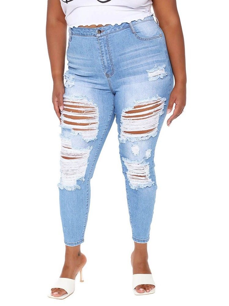 Pantalon Crayon À Trou Uni Jeans Skinny À Fermeture Éclair Pour Femmes