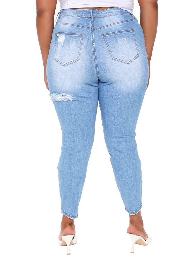 Pantalon Crayon À Trou Uni Jeans Skinny À Fermeture Éclair Pour Femmes