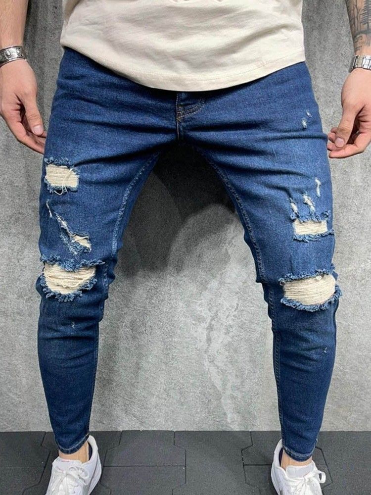 Pantalon Crayon Trou Zipper Jeans Décontractés Pour Hommes