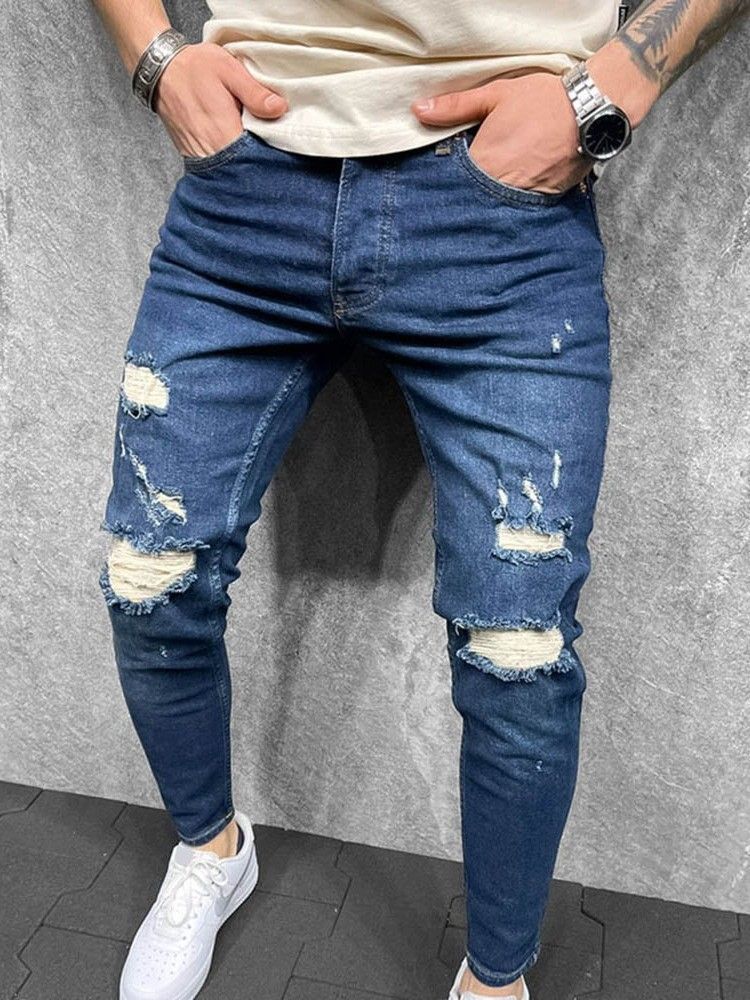 Pantalon Crayon Trou Zipper Jeans Décontractés Pour Hommes