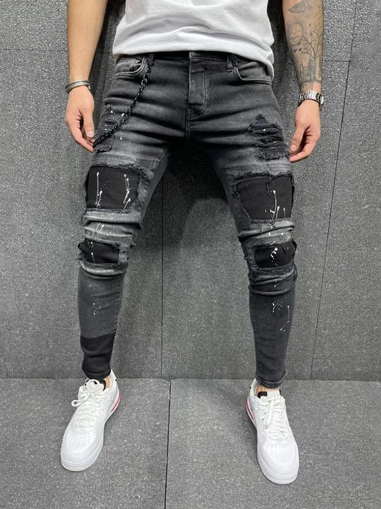 Pantalon Crayon Troué Jeans Pour Hommes À Fermeture Éclair À Taille Moyenne