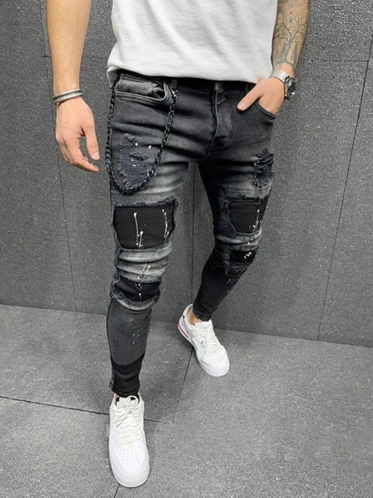 Pantalon Crayon Troué Jeans Pour Hommes À Fermeture Éclair À Taille Moyenne