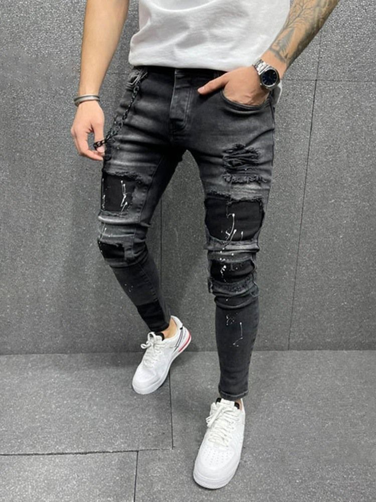 Pantalon Crayon Troué Jeans Pour Hommes À Fermeture Éclair À Taille Moyenne