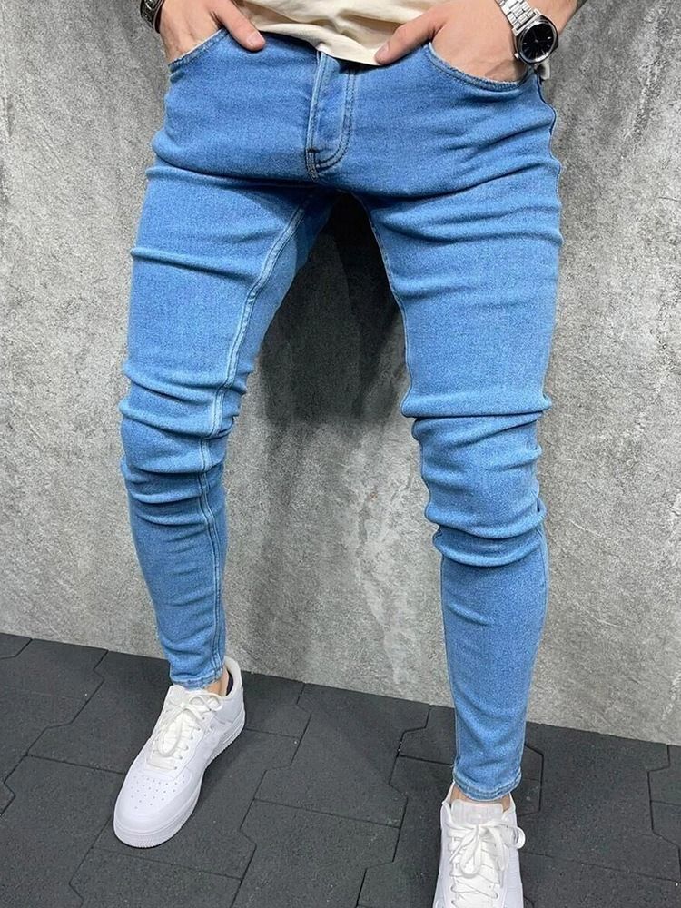 Pantalon Crayon Uni À Boutons Jeans Décontractés À Fermeture Éclair Pour Hommes