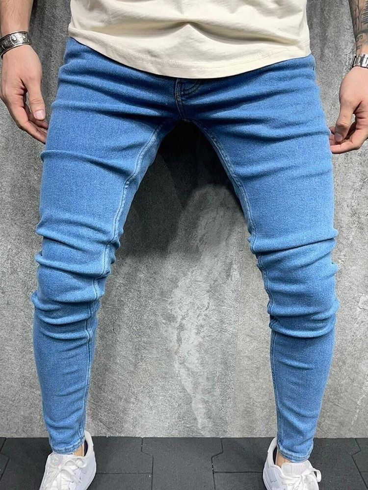 Pantalon Crayon Uni À Boutons Jeans Décontractés À Fermeture Éclair Pour Hommes