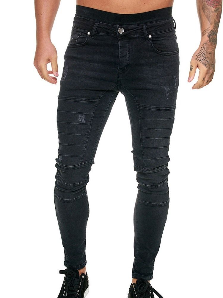 Pantalon Crayon Uni À Boutons Jeans Décontractés Pour Hommes