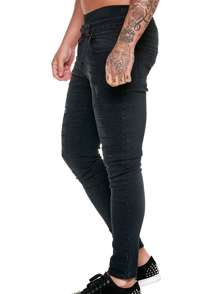 Pantalon Crayon Uni À Boutons Jeans Décontractés Pour Hommes