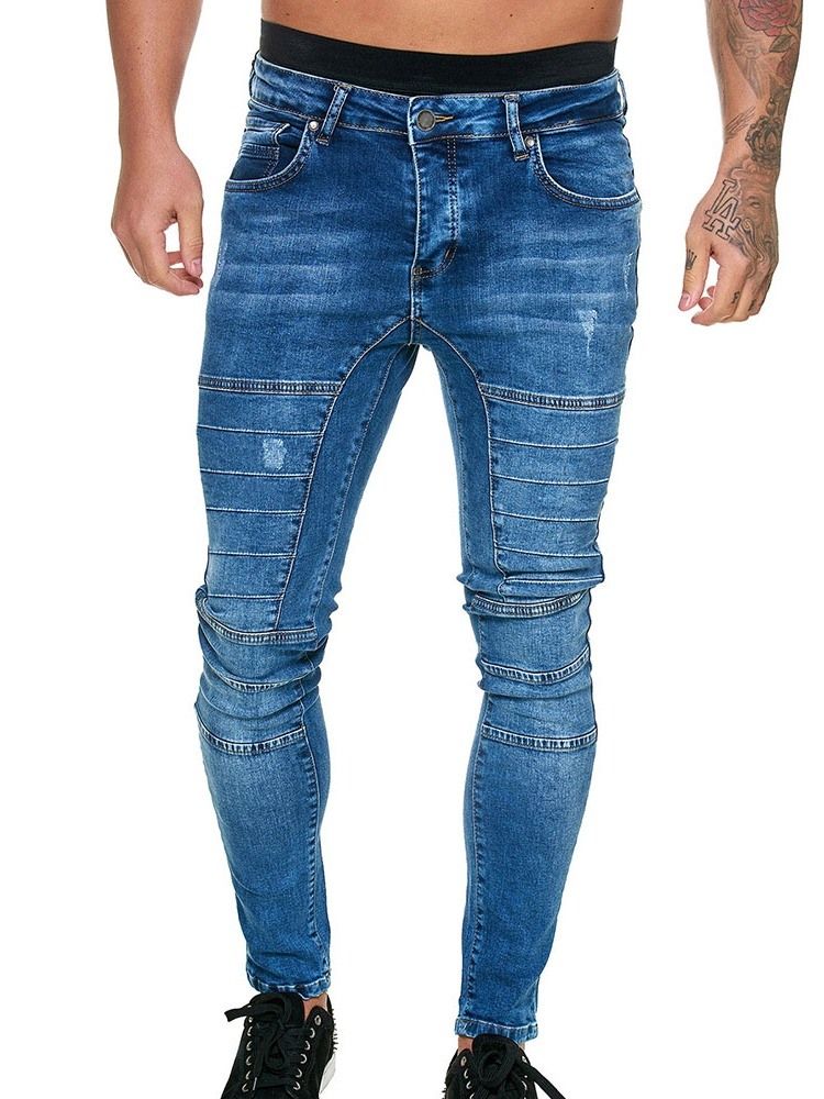 Pantalon Crayon Uni À Boutons Jeans Décontractés Pour Hommes