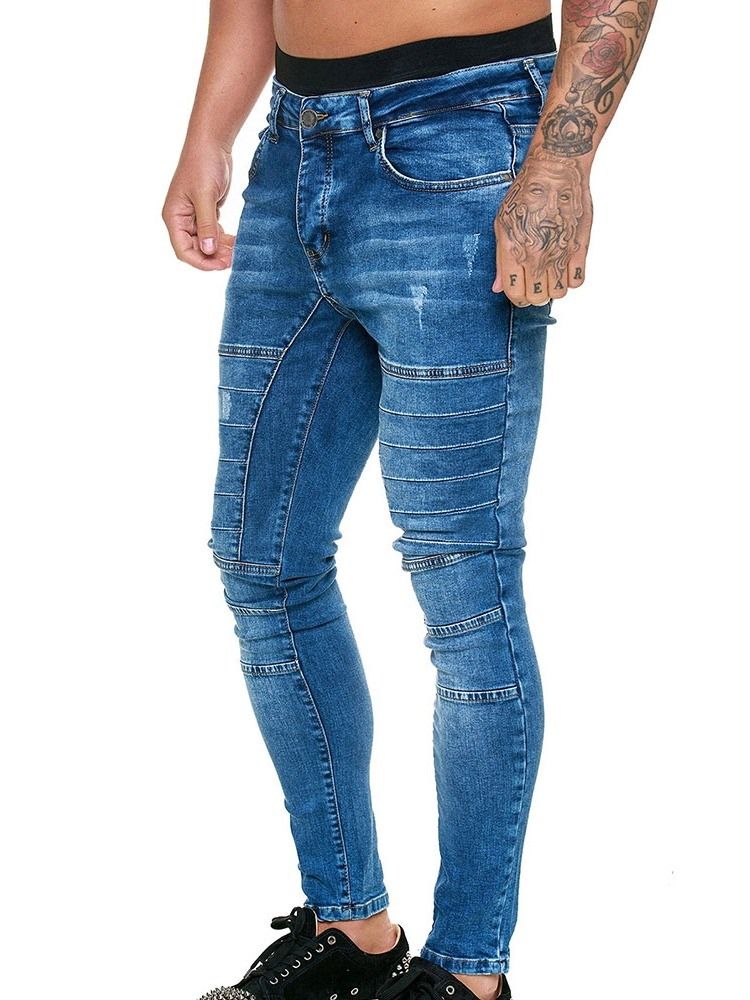 Pantalon Crayon Uni À Boutons Jeans Décontractés Pour Hommes