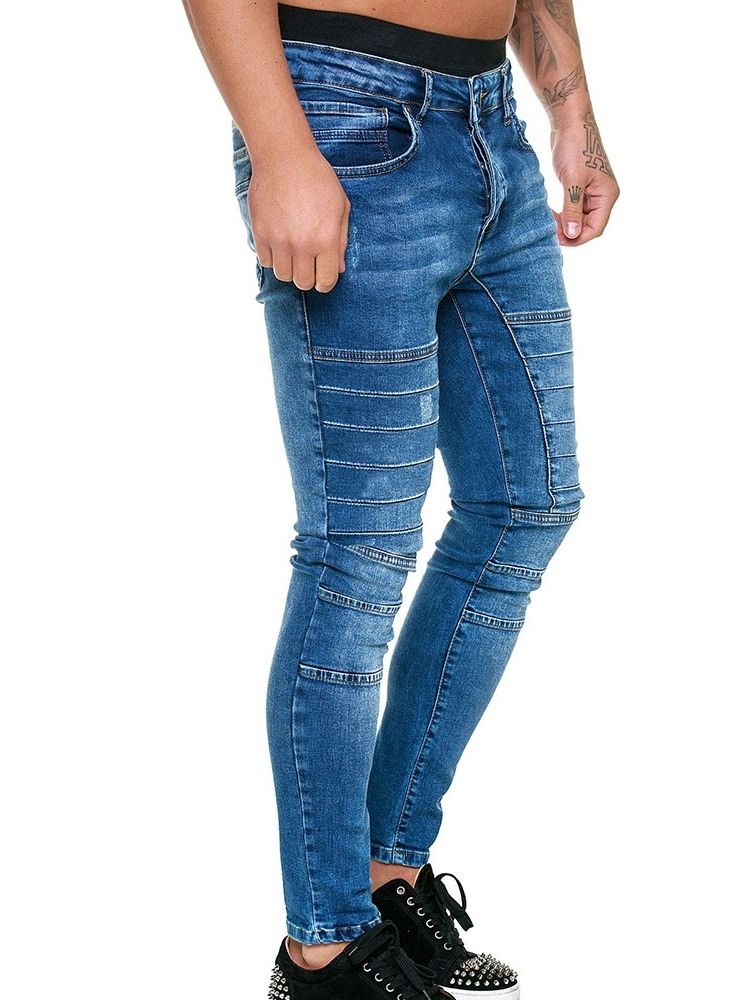 Pantalon Crayon Uni À Boutons Jeans Décontractés Pour Hommes