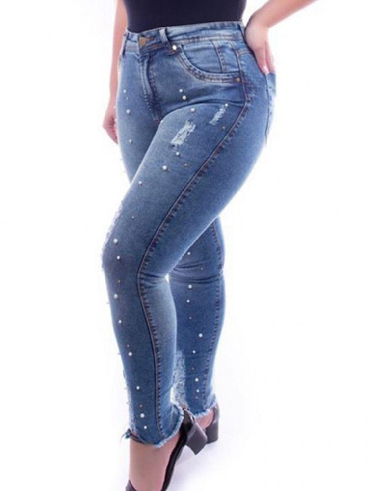 Pantalon Crayon Uni Pour Femme Jean Slim Taille Haute À Perles