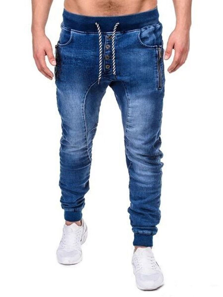 Pantalon Crayon Uni À Fermeture Éclair Jeans Décontractés À Lacets Pour Hommes