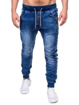 Pantalon Crayon Uni À Fermeture Éclair Jeans Décontractés À Lacets Pour Hommes