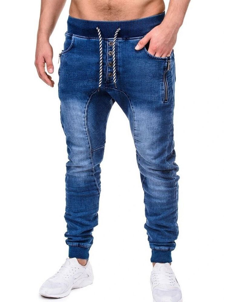 Pantalon Crayon Uni À Fermeture Éclair Jeans Décontractés À Lacets Pour Hommes