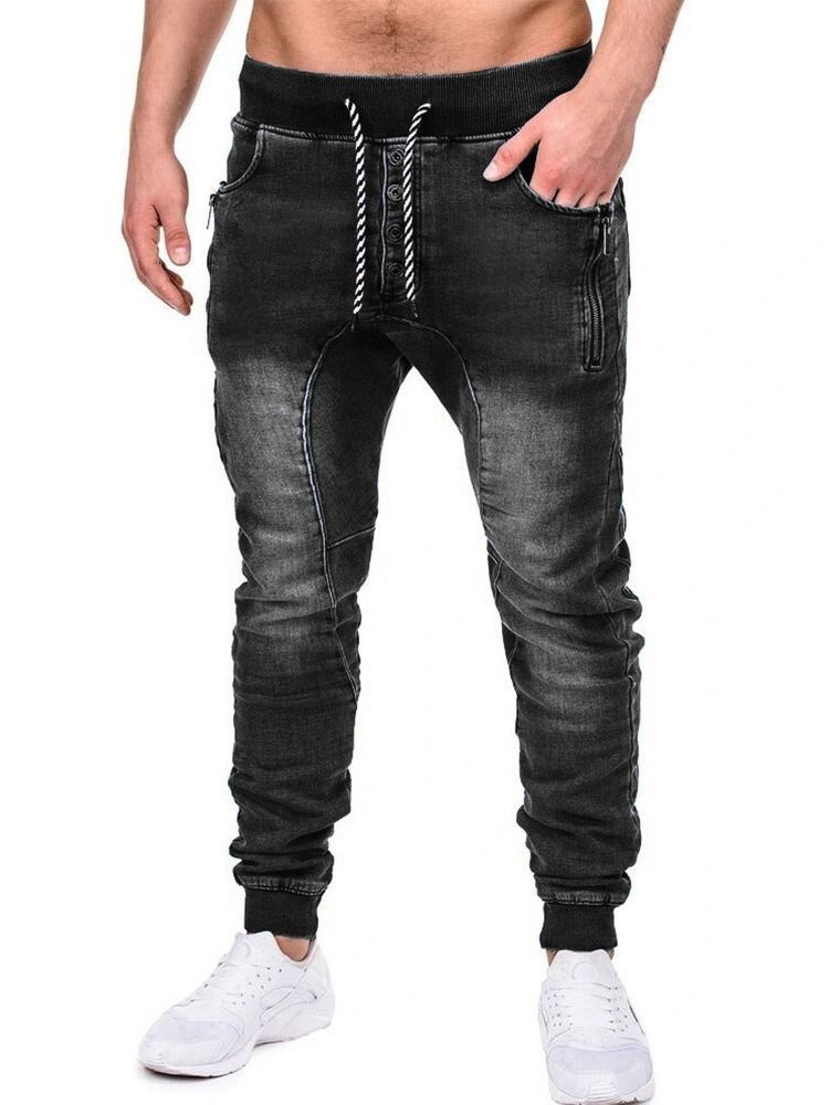 Pantalon Crayon Uni À Fermeture Éclair Jeans Décontractés À Lacets Pour Hommes