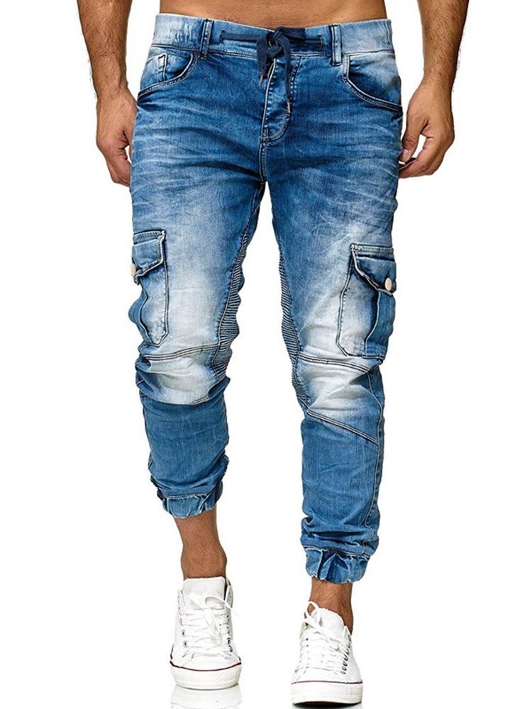 Pantalon Crayon Uni À Poche Pour Hommes Jean Décontracté À Lacets