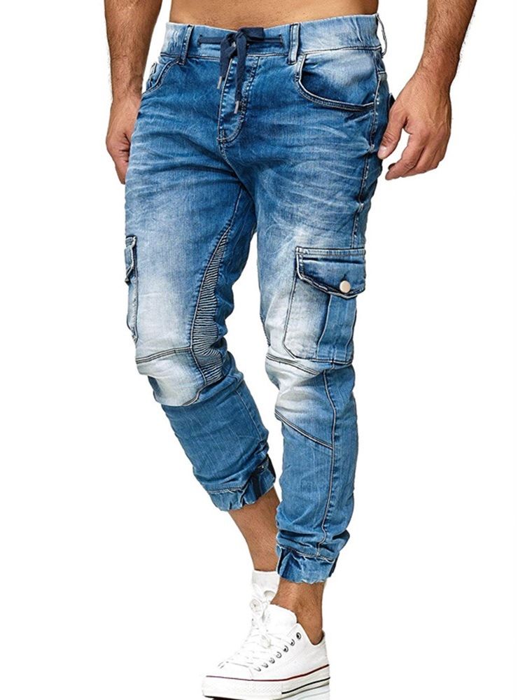 Pantalon Crayon Uni À Poche Pour Hommes Jean Décontracté À Lacets