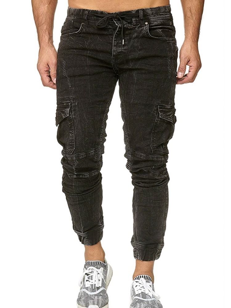 Pantalon Crayon Uni À Poche Pour Hommes Jean Décontracté À Lacets