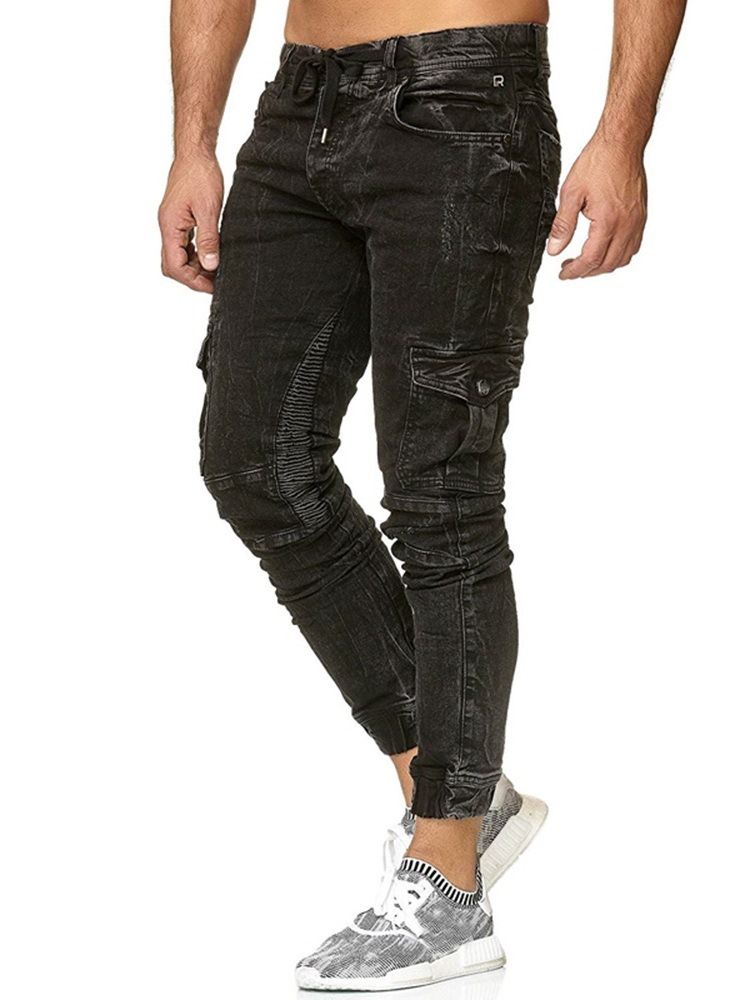 Pantalon Crayon Uni À Poche Pour Hommes Jean Décontracté À Lacets