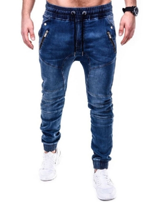 Pantalon Crayon Uni Zipper Casual Jeans Taille Moyenne Pour Hommes