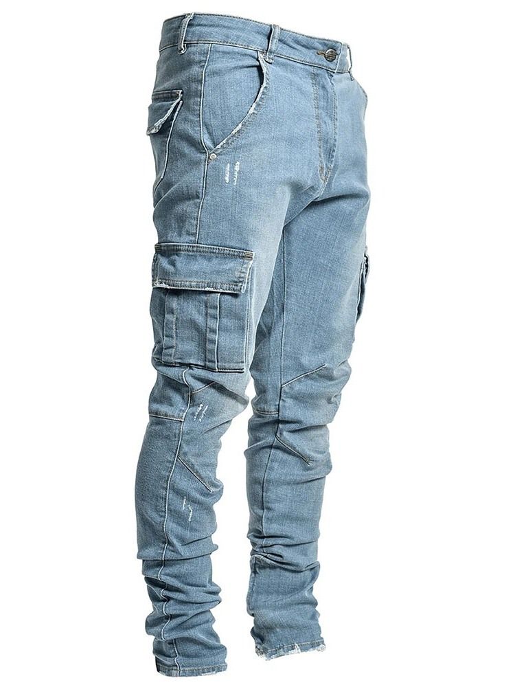 Pantalon Crayon Unie Poche Taille Moyenne Jean Décontracté Pour Hommes