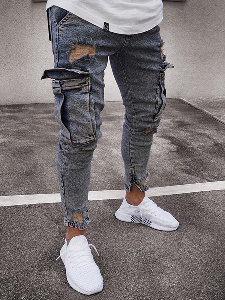 Pantalons Crayon Unis Portés Jeans Décontractés Pour Hommes Avec Fermeture À Glissière