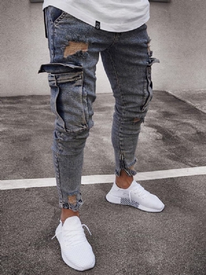 Pantalons Crayon Unis Portés Jeans Décontractés Pour Hommes Avec Fermeture À Glissière