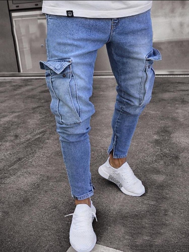 Pantalons Crayon Unis Portés Jeans Décontractés Pour Hommes Avec Fermeture À Glissière