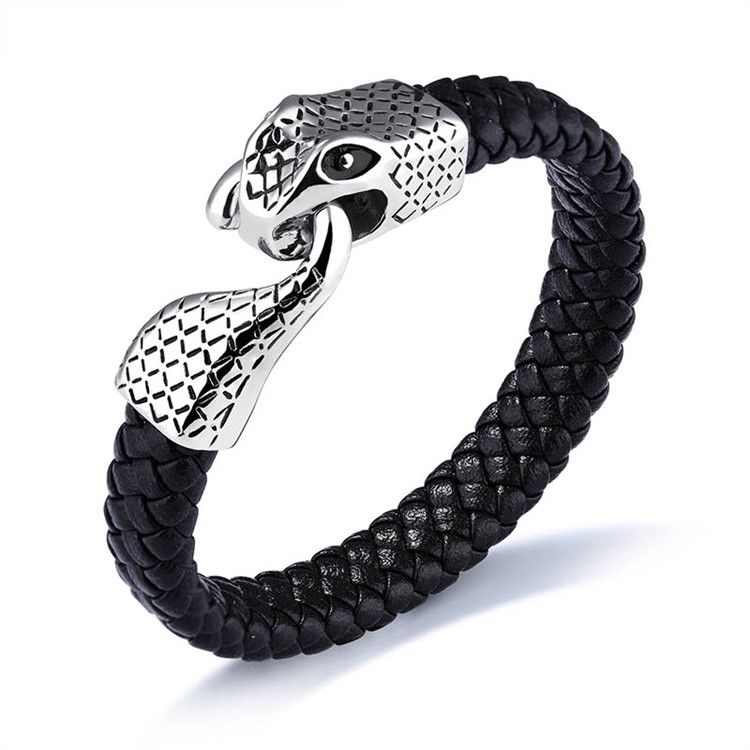 Bracelet En Cuir À Boucle Serpent En Acier Inoxydable Pour Homme