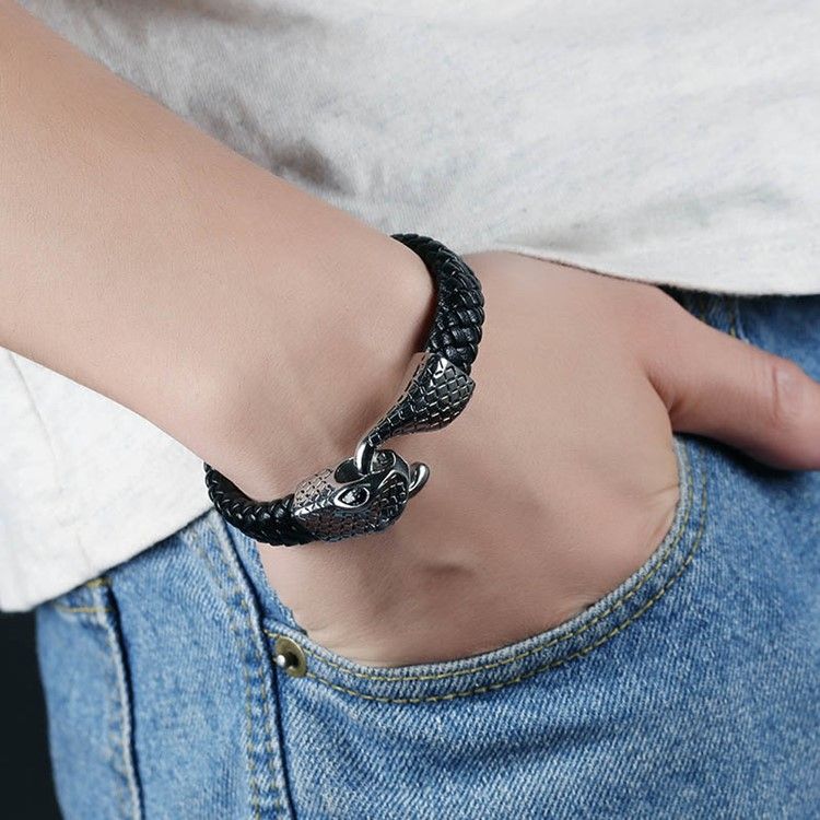 Bracelet En Cuir À Boucle Serpent En Acier Inoxydable Pour Homme