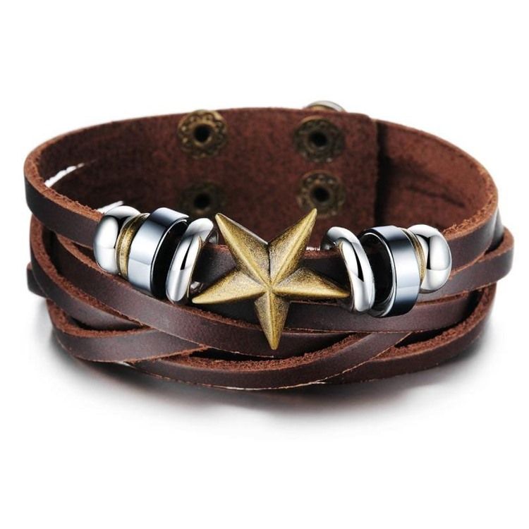 Bracelet En Cuir Pour Homme Décoré D'étoiles À Cinq Branches