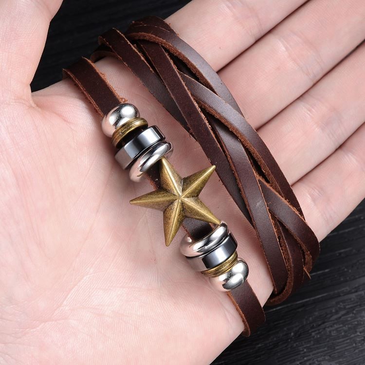 Bracelet En Cuir Pour Homme Décoré D'étoiles À Cinq Branches