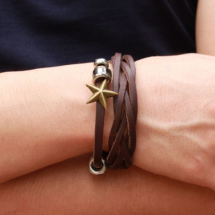 Bracelet En Cuir Pour Homme Décoré D'étoiles À Cinq Branches