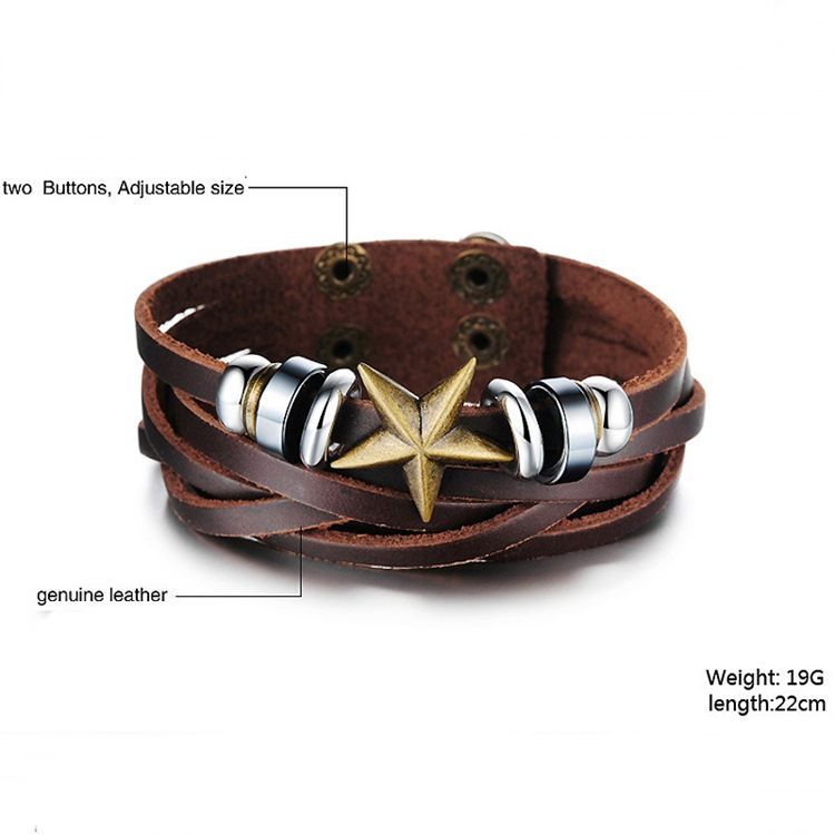 Bracelet En Cuir Pour Homme Décoré D'étoiles À Cinq Branches