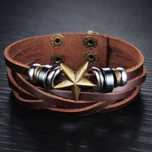 Bracelet En Cuir Pour Homme Décoré D'étoiles À Cinq Branches