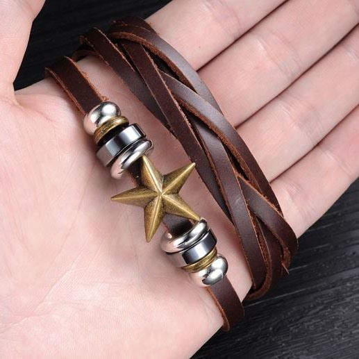 Bracelet En Cuir Pour Homme Décoré D'étoiles À Cinq Branches