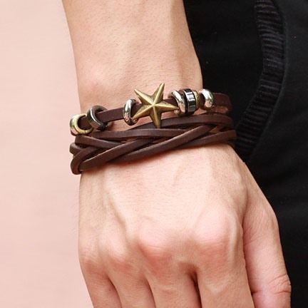 Bracelet En Cuir Pour Homme Décoré D'étoiles À Cinq Branches