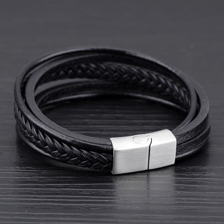 Bracelet Tressé En Cuir Noir Multicouche Pour Homme