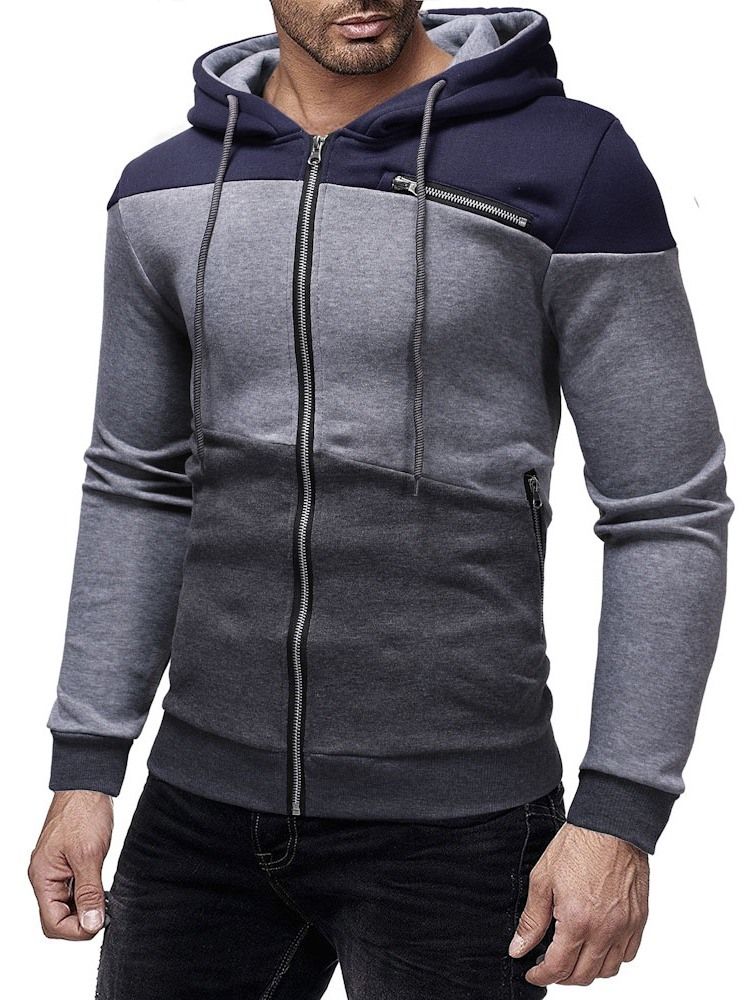 Cardigan Color Block Zipper Sweats À Capuche Décontractés Pour Hommes