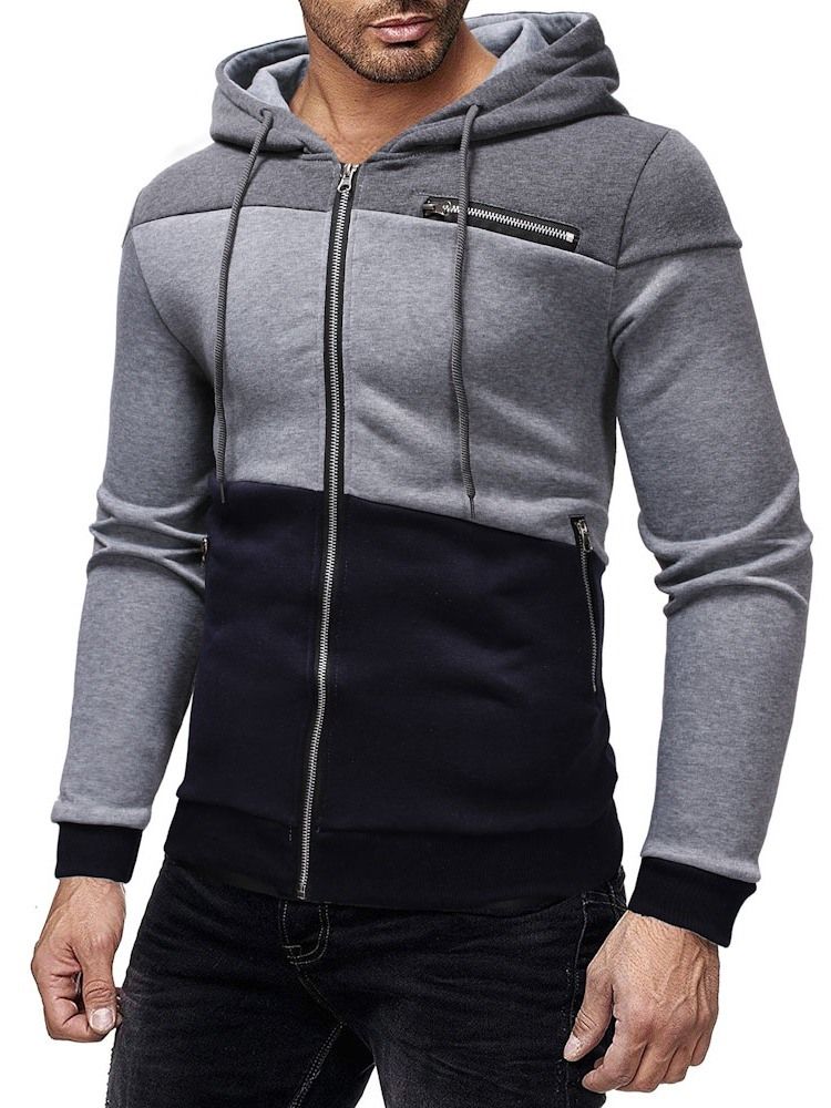 Cardigan Color Block Zipper Sweats À Capuche Décontractés Pour Hommes