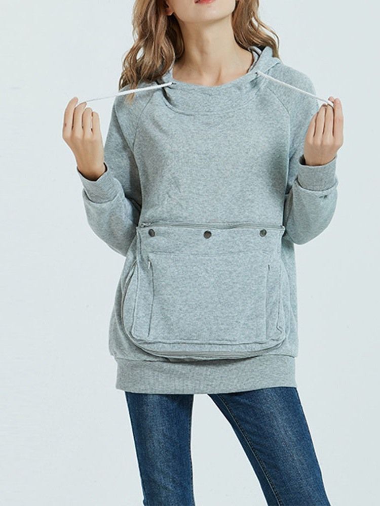 Pocket Plain Regular Mi-longueur Automne Sweat À Capuche Pour Femmes